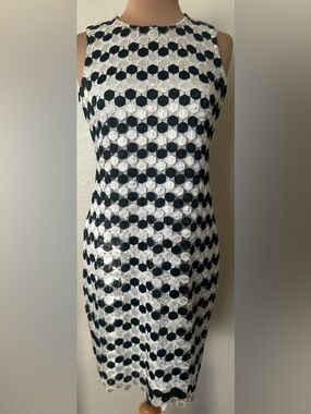 Calvin Klein Black and White Sleeveless Midi Sheath Dress